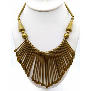 Vintage Dramatic Statement Necklace, Tribal Brass Paddle Fringe Bib with Hook